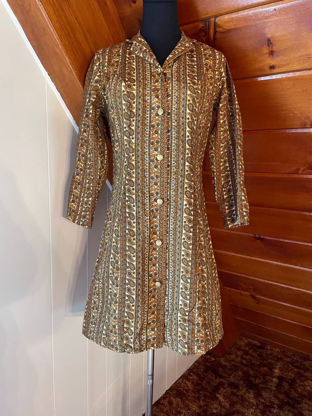 Vintage 60s 70s Paisley Print Button Down Mini Shirt Dress with 3/4 Sleeve sz S